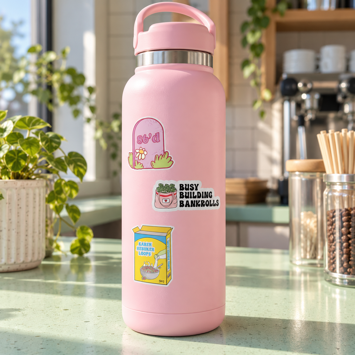 waiter stickers on a pink water bottle